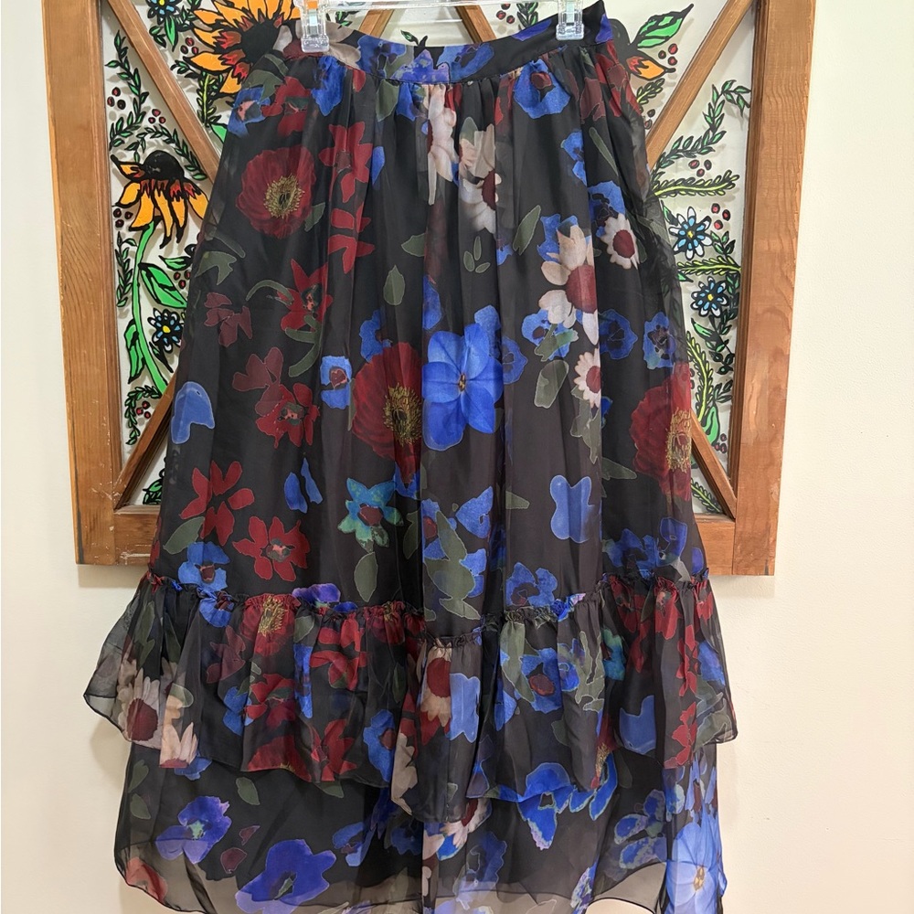 Anthropologie Geisha Designs. Black Maxi Skirt with Blue & Red Floral Print